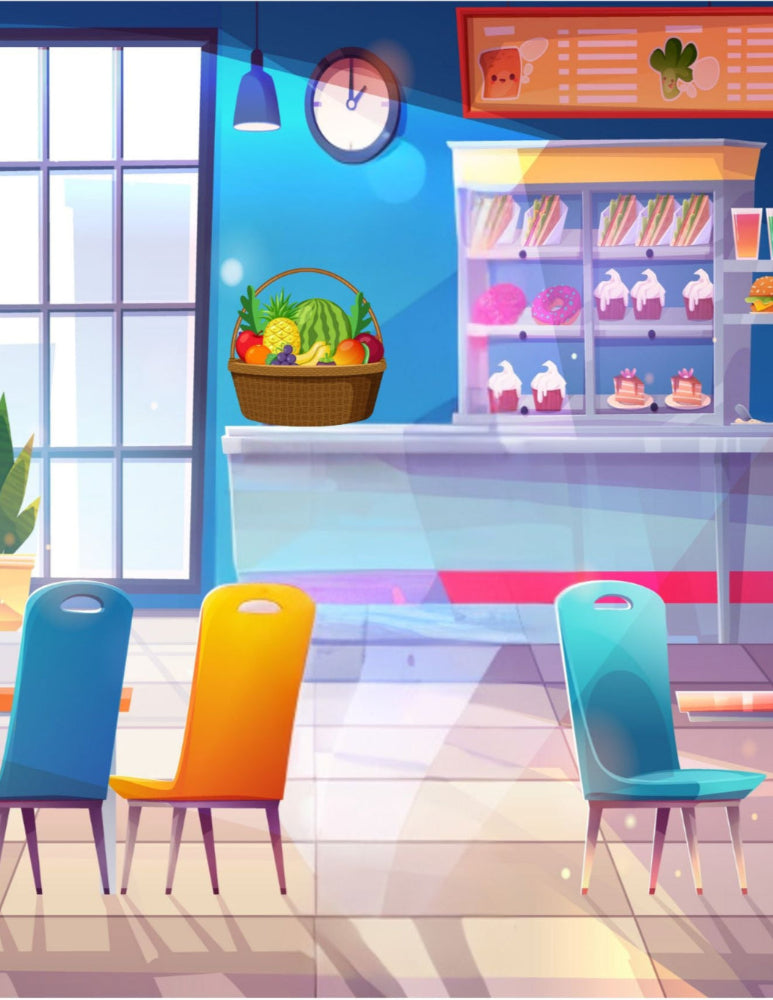 Colorful chairs in a classroom setting with a window and shelves in the background.